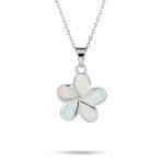 White Opal Hawaiian Flower Pendant Necklace Sterling Silver Birthstone Jewelry