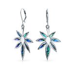 Iridescent Inlay Abalone Shell Marijuana Leaf Motif Dangle Earrings Sterling .925 Silver Leverback