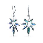 Iridescent Inlay Abalone Shell Marijuana Leaf Motif Dangle Earrings Sterling .925 Silver Leverback