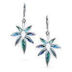 Iridescent Inlay Abalone Shell Marijuana Leaf Motif Dangle Earrings Sterling .925 Silver Leverback - Image 2
