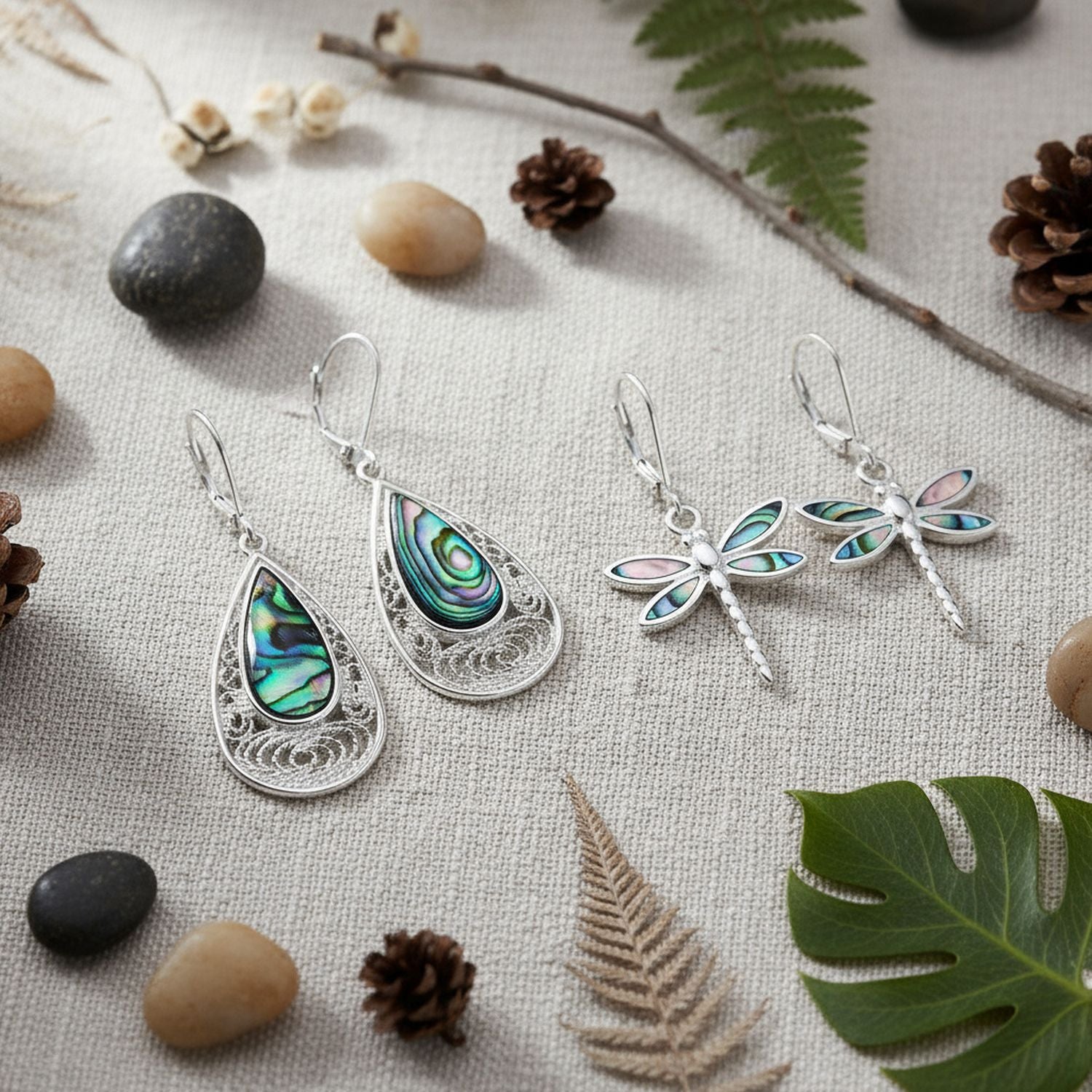 Set of 2 Butterfly Dragonfly & Filigree Teardrop Abalone Shell Dangle Earrings - Image 2
