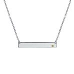 Thin Sideways Bar Name Plate Pendant Necklace with Birth Month Crystal Silver