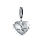 Words Saying MY BEAUTIFUL WIFE Dangle Charm Bead Heart Locket Sterling Silver