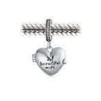 Words Saying MY BEAUTIFUL WIFE Dangle Charm Bead Heart Locket Sterling Silver - Image 3