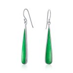 Simple Green Agate Inlay Long Flat Teardrop Shaped Dangle Earrings .925 Sterling Silver - Image 2
