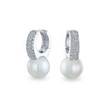 Elegant Bride White Pearl CZ Encrusted Cubic Zirconia Mini Hoop Huggie Drop Earrings