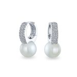 Elegant Bride White Pearl CZ Encrusted Cubic Zirconia Mini Hoop Huggie Drop Earrings