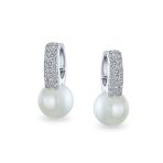 Elegant Bride White Pearl CZ Encrusted Cubic Zirconia Mini Hoop Huggie Drop Earrings - Image 2