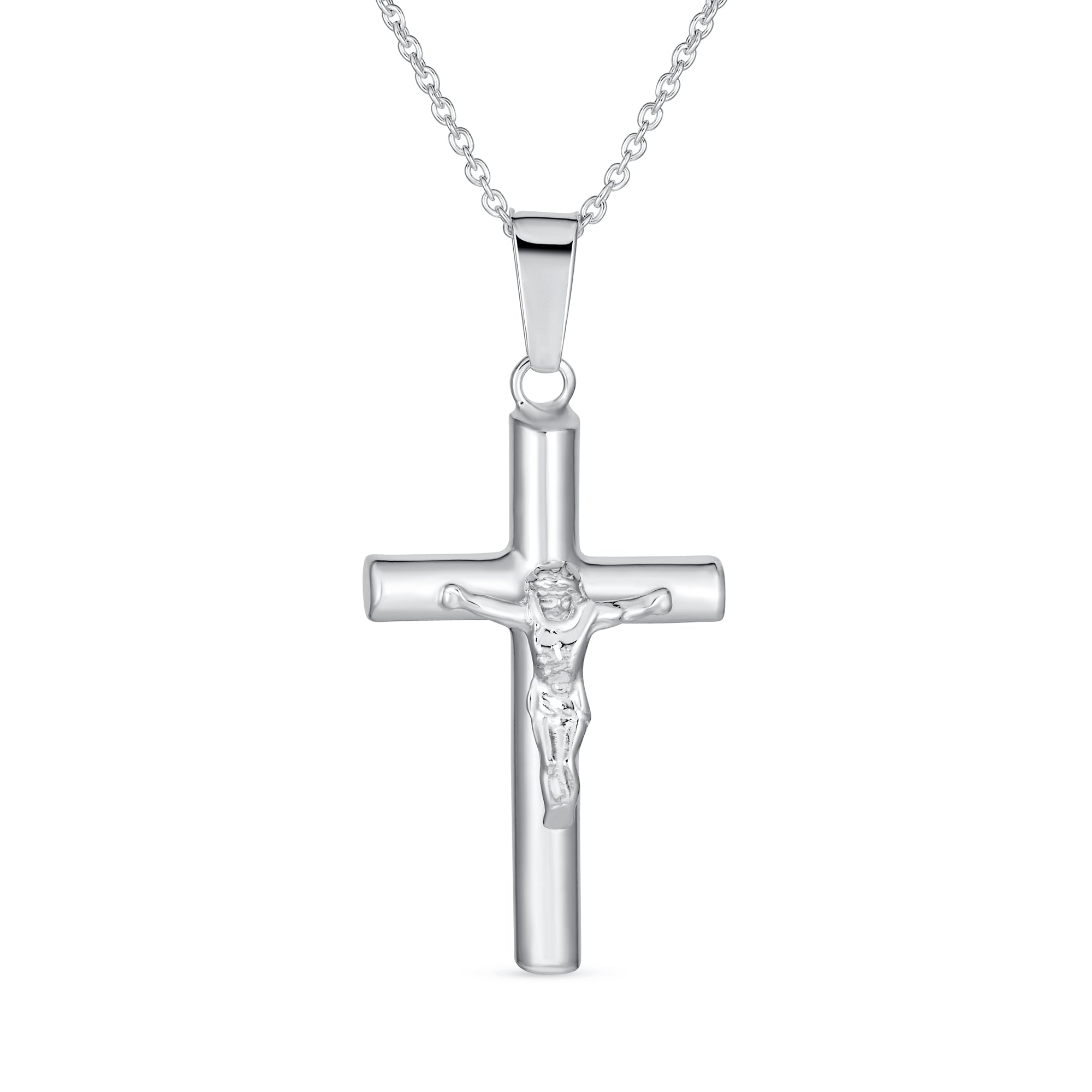 simple-christian-jesus-crucifix-pendant-srn-s113518pc-01 Unisex Sterling Silver Jesus Crucifix Pendant Necklace 2 Inch Religious Jewelry - Image 1
