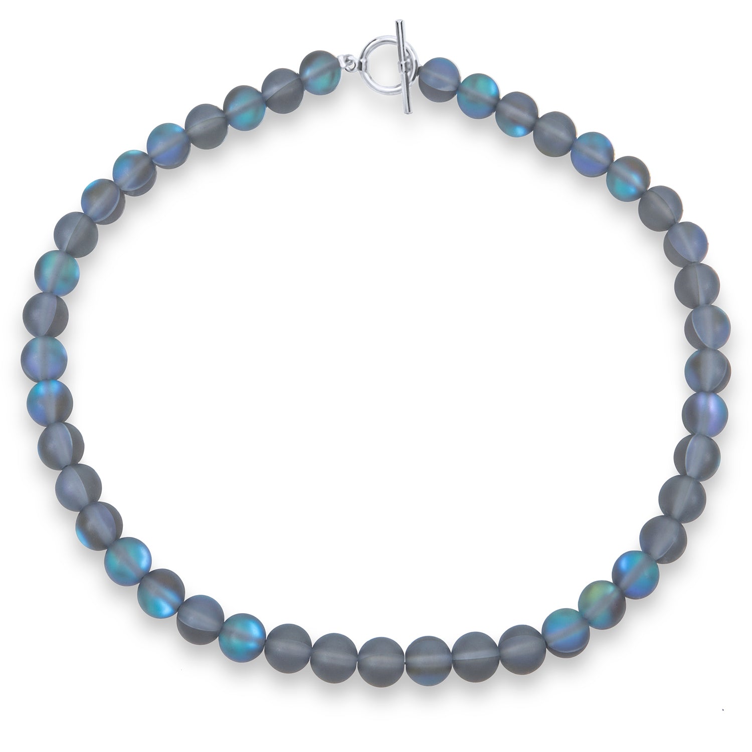simple-opalescent-moonstone-10mm-bj0653_01 Translucent Blue Moonstone 10MM Bead Strand Necklace Silver Clasp 20Inch - Image 1