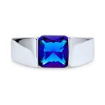 Traditional 3CT Blue Clear Cubic Zirconia CZ Square Solitaire Ring Pinky Ring Silver Plated - Image 3