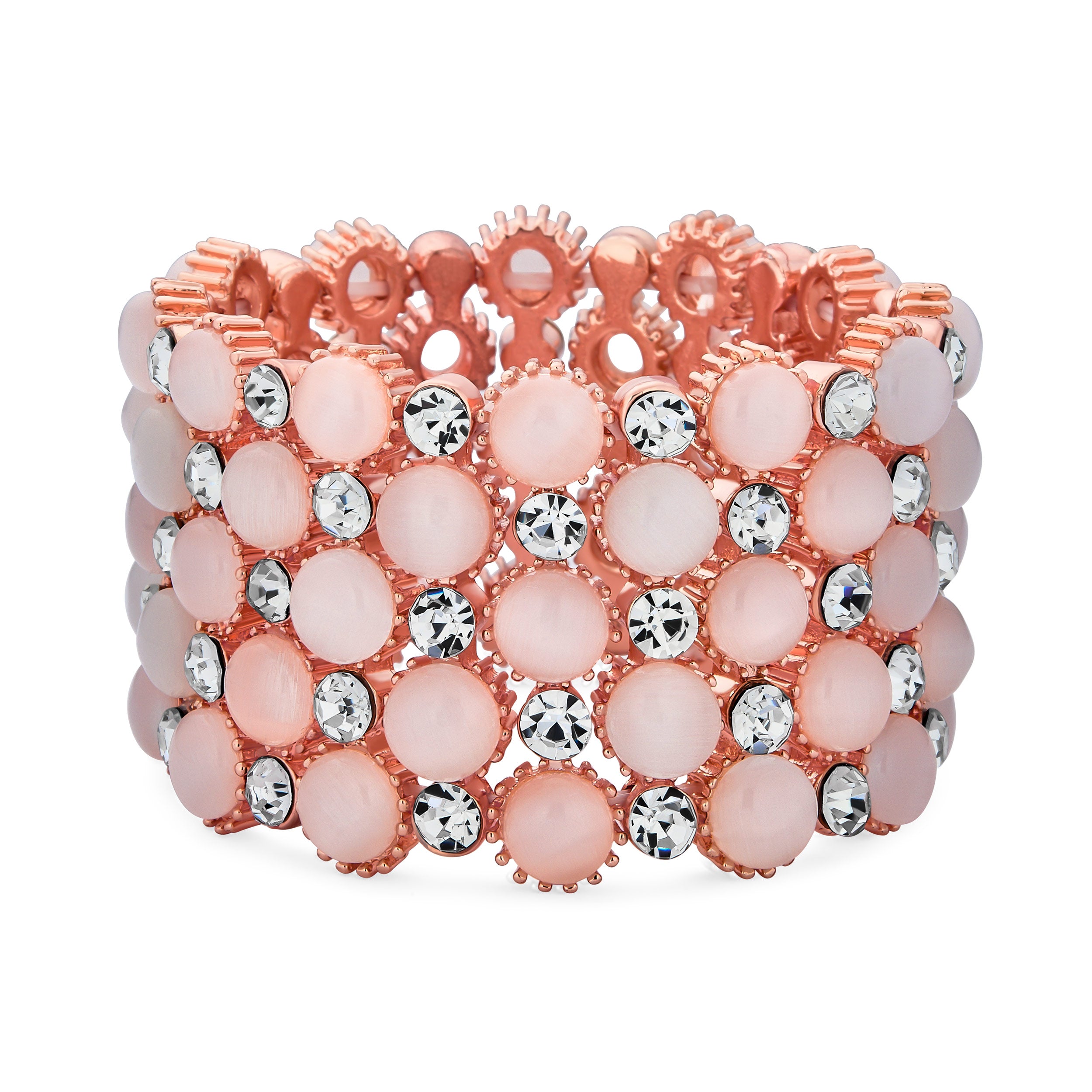 simulated-pink-cats-eye-stretch_elj-br0298-az_1 Pink Cats Eye Crystal Stretch Bracelet Rose Gold Plated Cuff - Image 1