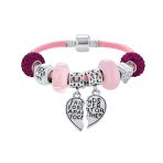 Best Friend Sorority Sister BFF Split Heart Multi Charm Bracelet Pink Leather Silver Clasp