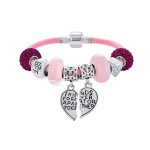 Best Friend Sorority Sister BFF Split Heart Multi Charm Bracelet Pink Leather Silver Clasp