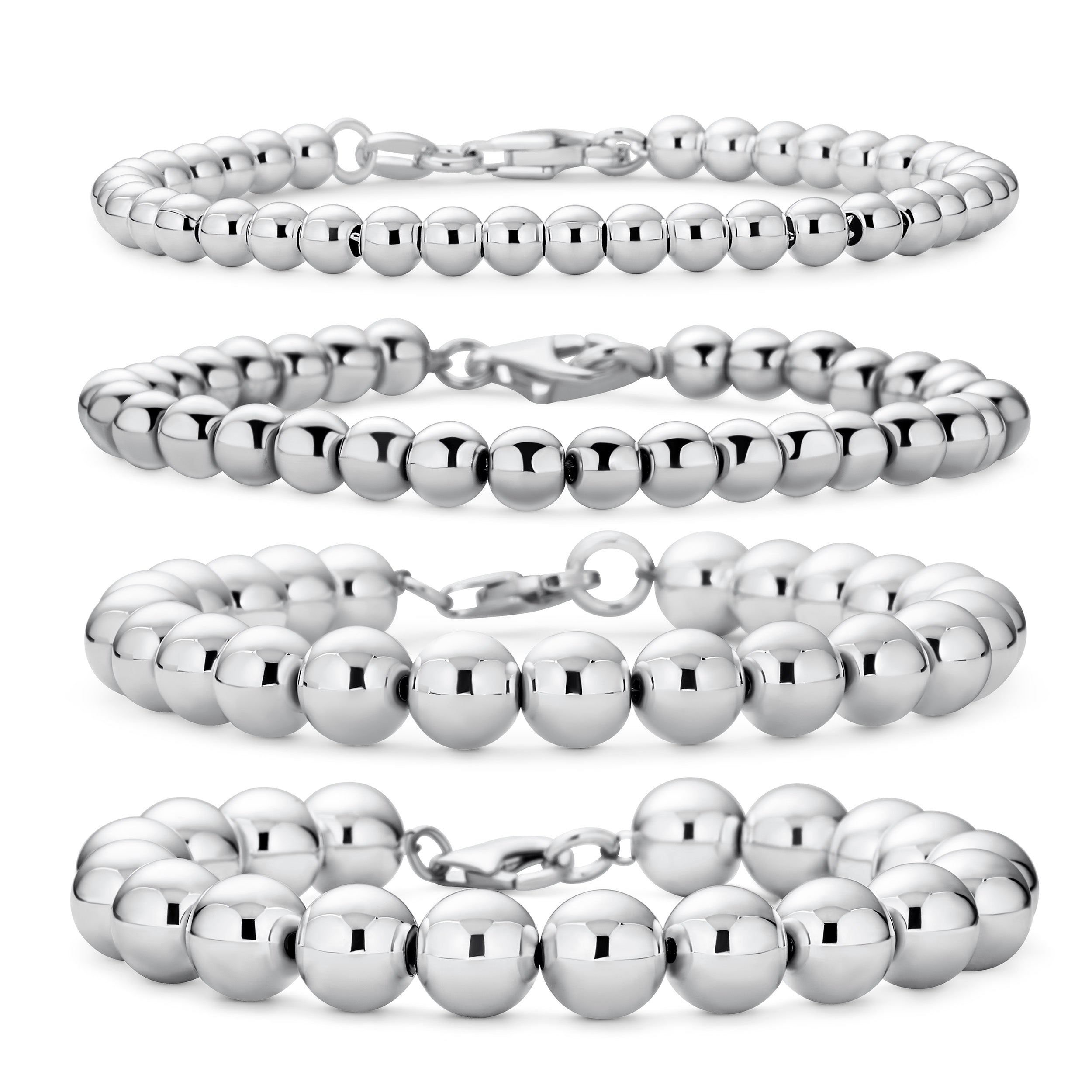 size-comparison-silver-bead-4mm-6mm-8mm-10mm_0f35d47e-58e9-40d3-bbe2-58ab088fbddd Hand Strung Polish Round 10MM Ball Bead Strand Bracelet - Image 1