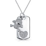 Skull Heart Crossbones Pirate CZ Dog Tag Pendant Necklace Silver Plated Brass