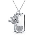 Skull Heart Crossbones Pirate CZ Dog Tag Pendant Necklace Silver Plated Brass - Image 4