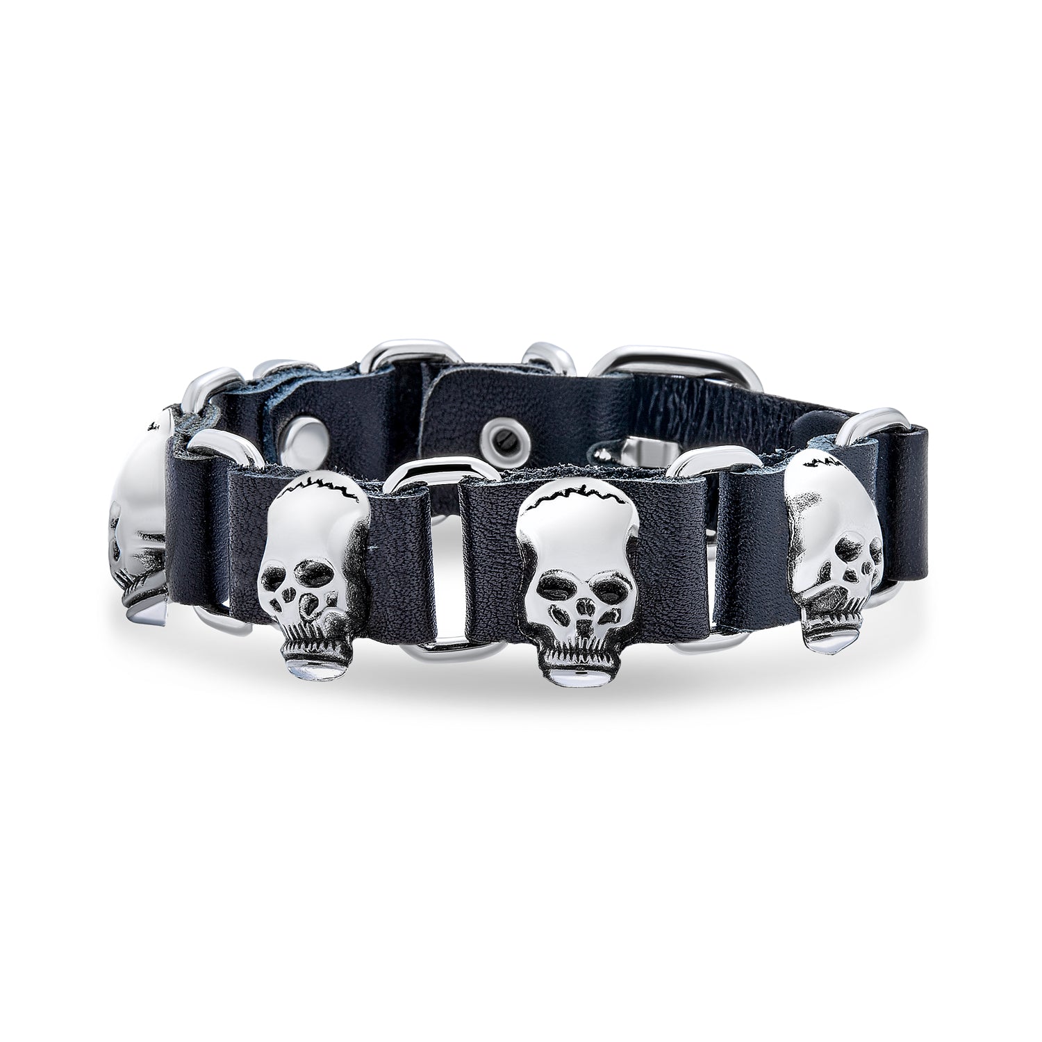 skull-mens-black-leather-bracelet-hbj-sl0142-k_1 Biker Chain Skull Heads Link Bracelet Black Leather Studded - Image 1