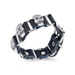 Biker Chain Skull Heads Link Bracelet Black Leather Studded - Image 2