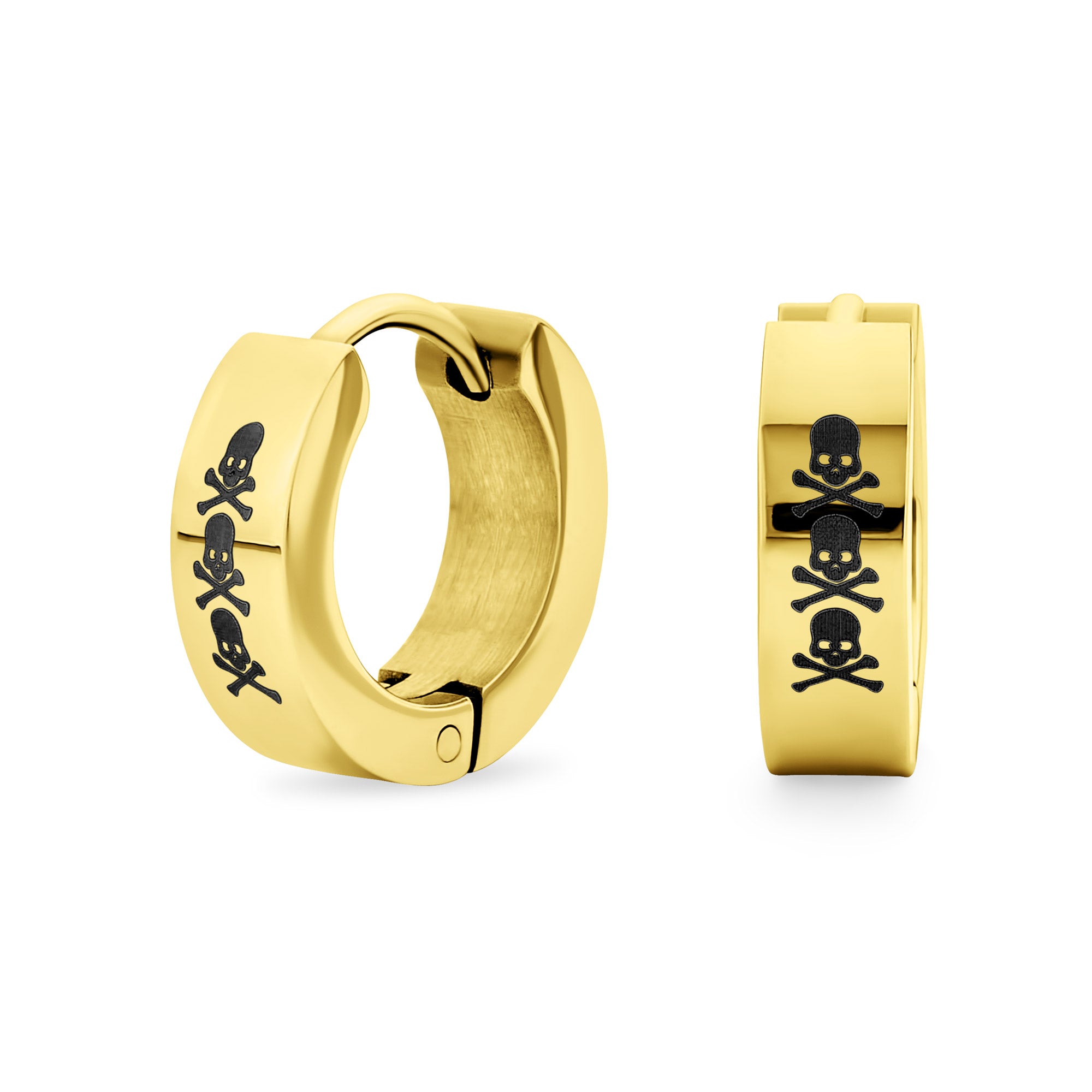 skull-silver-gold-black-huggie-hoop-earring-swk-hye-1169 Mens Earrings Silver Tone Stainless Steel Skull Hoop Huggie for Biker Style - Image 1