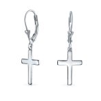Minimalist Religious Cross Dangle Earrings 14K Gold Plated Sterling Silver Leverback