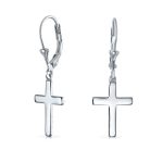 Minimalist Religious Cross Dangle Earrings 14K Gold Plated Sterling Silver Leverback