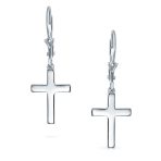Minimalist Religious Cross Dangle Earrings 14K Gold Plated Sterling Silver Leverback - Image 3