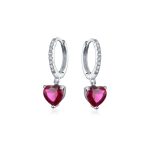 Romantic Love Pink Red Cubic Zirconia CZ Dangling Heart Huggie Mini Hoop Earrings Sterling Silver