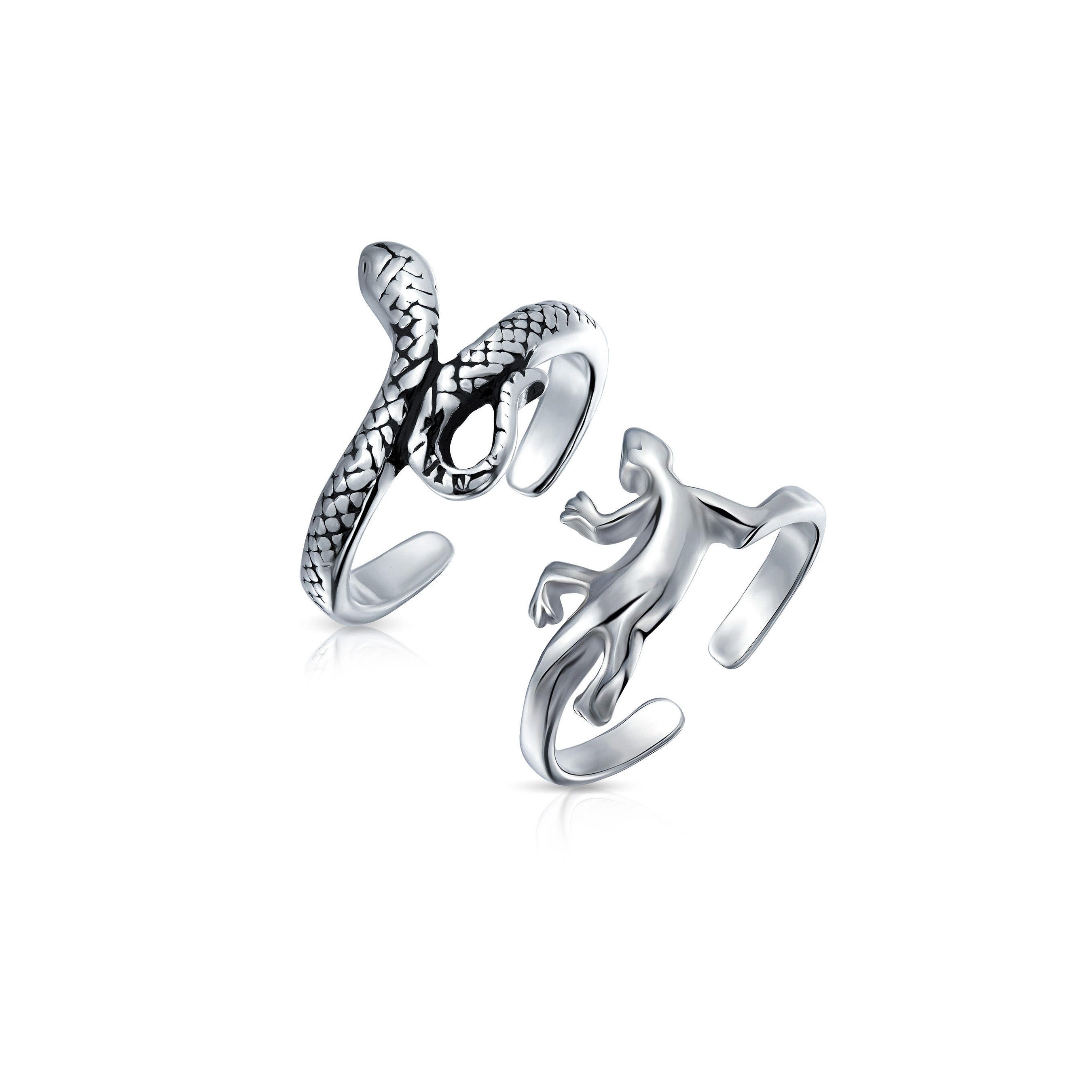 snake-midi-toe-ring-silver-pmr-r10996-set-az Set of 2 Garden Reptile Snake and Geko Lizard Midi Toe Ring Sterling Silver - Image 1