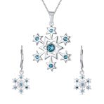 Holiday Winter Snowflake Ice Blue CZ Necklace & Earrings Set Sterling Silver