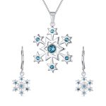 Holiday Winter Snowflake Ice Blue CZ Necklace & Earrings Set Sterling Silver