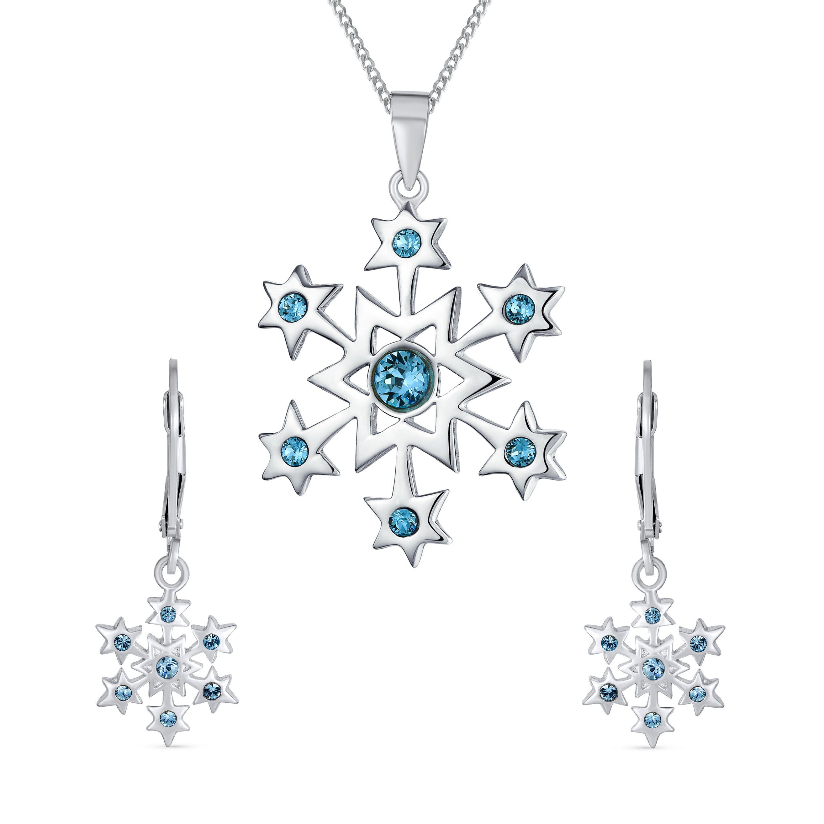 snowflake-christmas-brooch-aqua-silver_mma-4358-az_111 Holiday Winter Snowflake Ice Blue CZ Necklace & Earrings Set Sterling Silver - Image 1