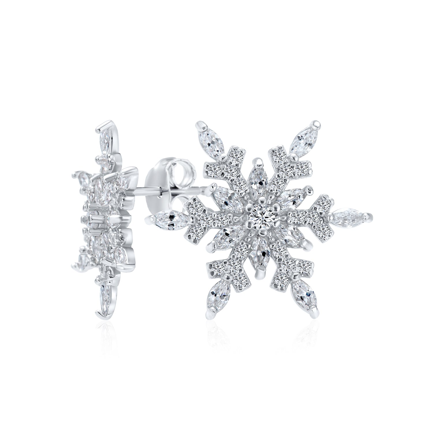 snowflake-cz-silver-stud-earrings-mdr-4038e-040_1 Holiday Party Snowflake Cubic Zirconia Encrusted Stud Earrings Sterling Silver - Image 1