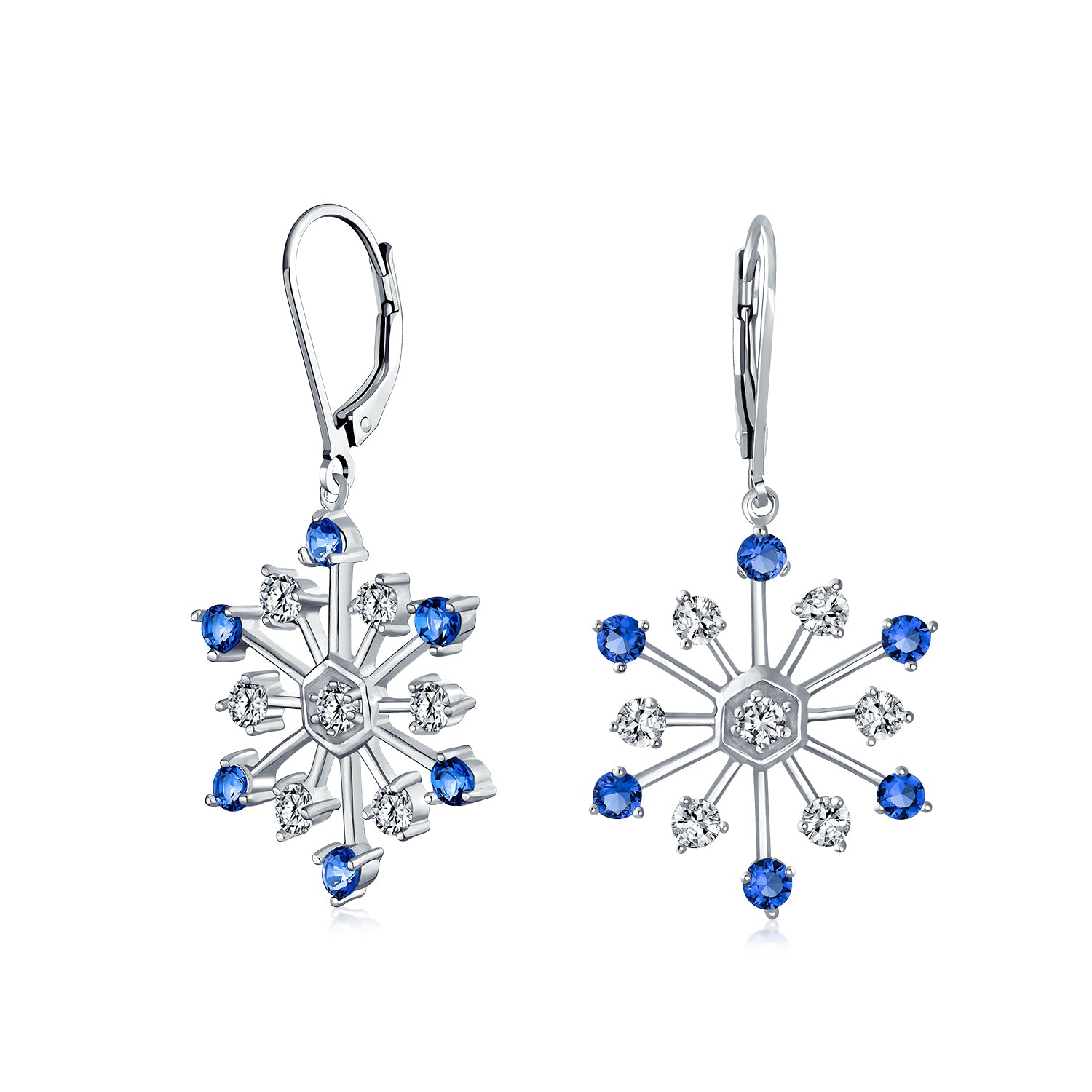 snowflake-earrings-blue-drop-dangle_hsh-hse5082lb_1 Winter White Ice Blue Snowflake Dangle Chandelier Earrings Cubic Zirconia Silver - Image 1