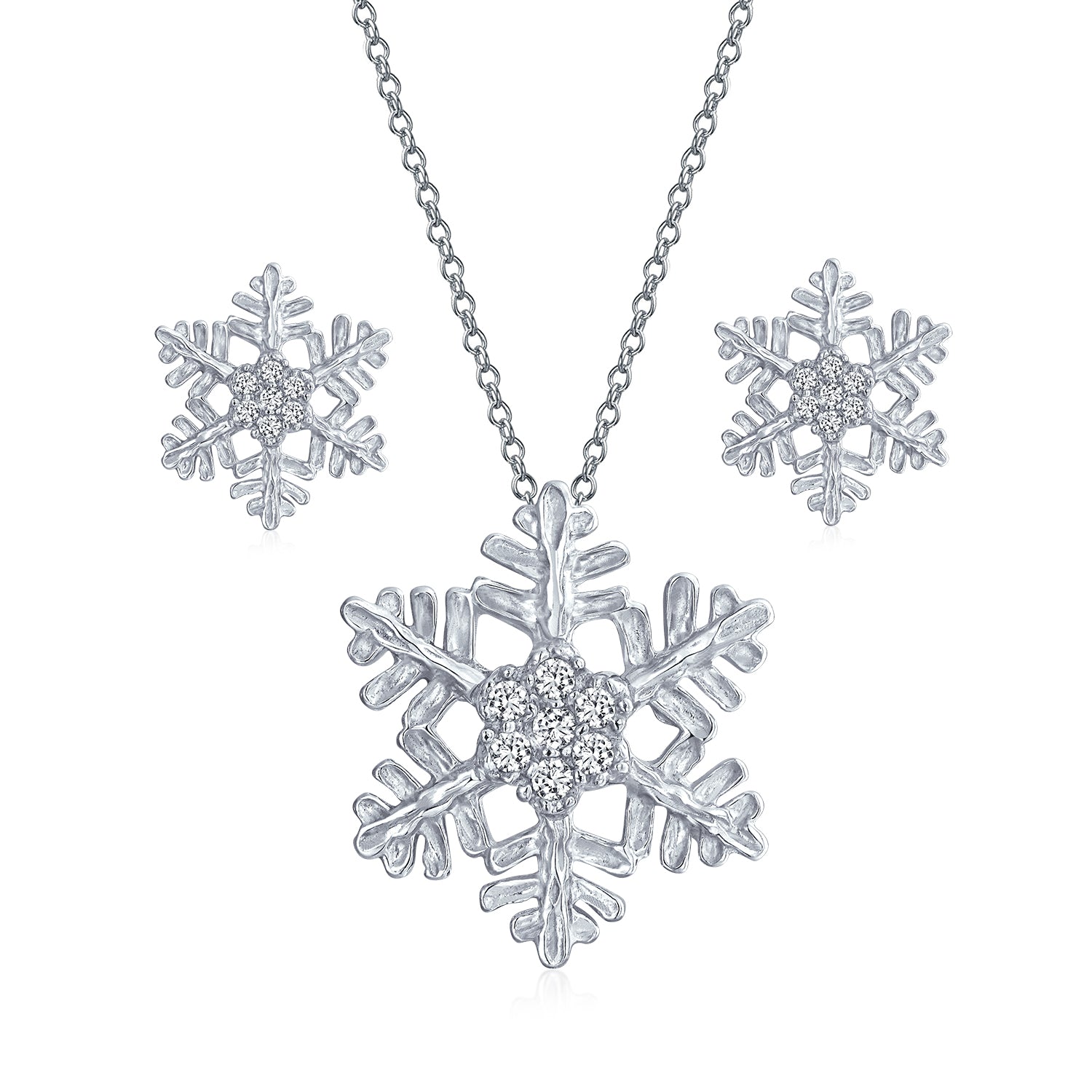 snowflake-earrings-necklace-silver-branch_hsh-hs2969-set-az_1 Holiday Party Snowflake Pendant Necklace & Earrings Set Blue CZ Sterling Silver - Image 1