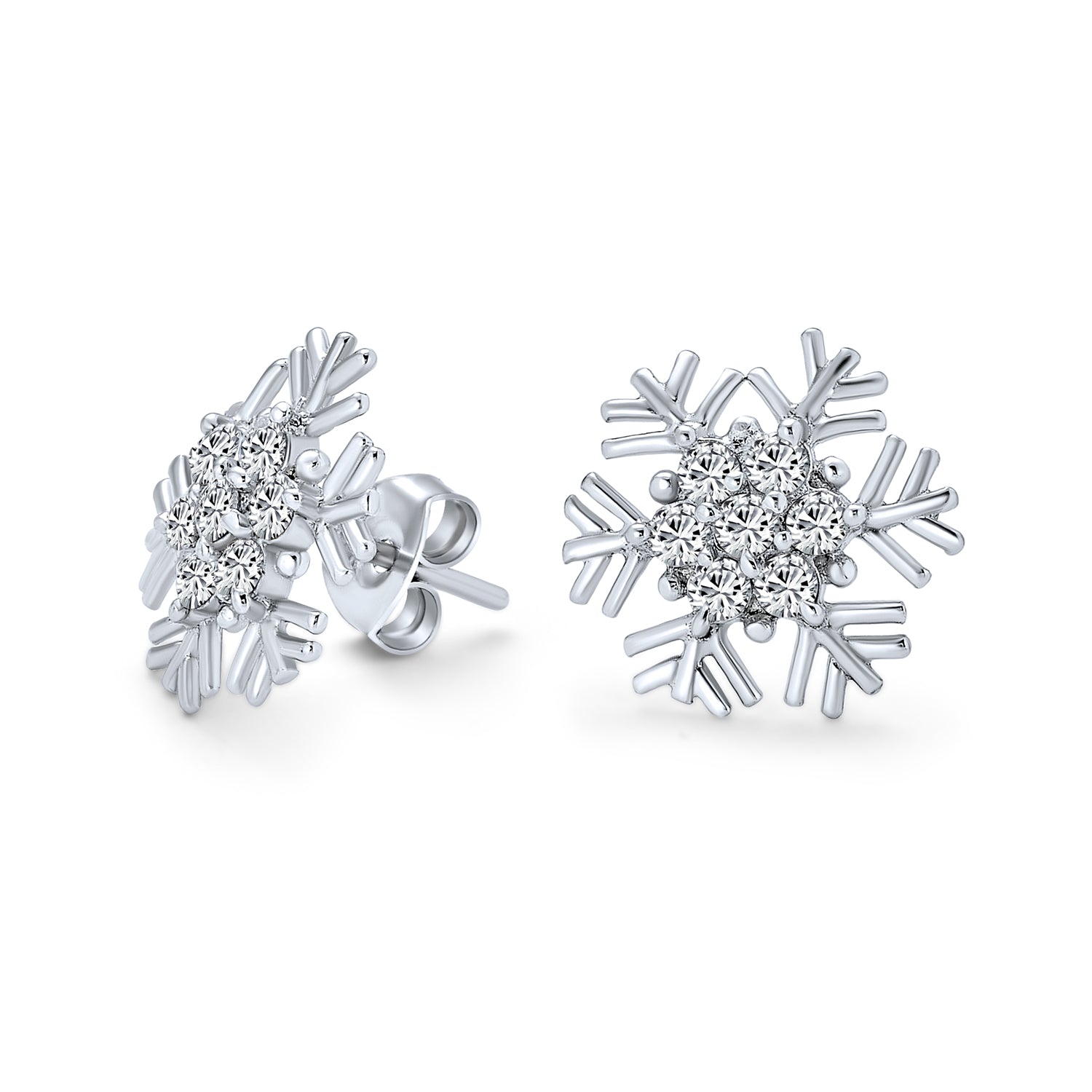 snowflake-earrings-silver-stud-cz_os-vee0636_20_1 Cubic Zirconia Snowflake CZ Stud Earrings, Sterling Silver for Holiday Parties - Image 1