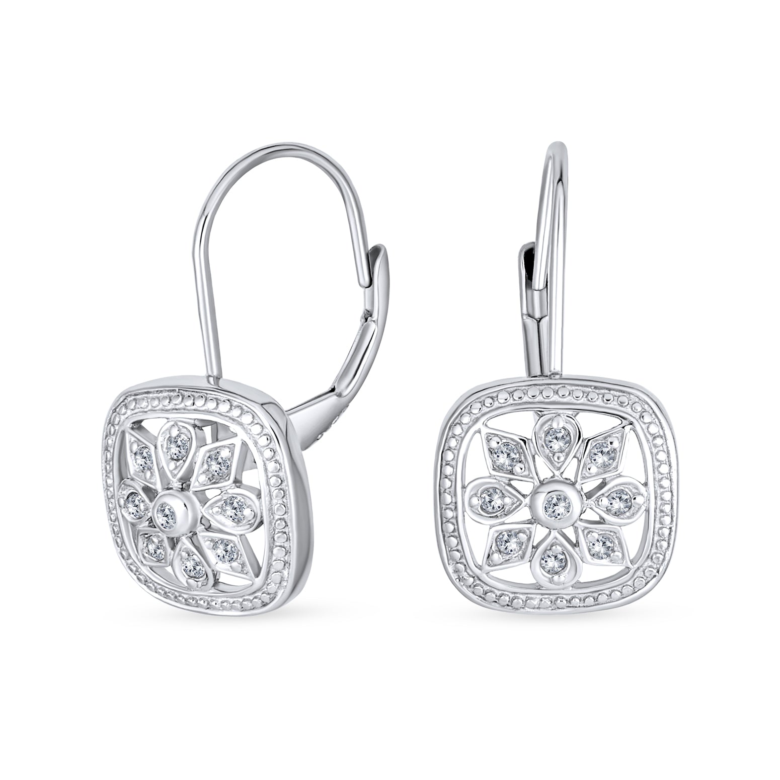snowflake-micropave-cz-leverback-earrings_sje175-az_1 Square Art Deco Dangle Chandelier Earrings CZ Snowflake Sterling Silver - Image 1