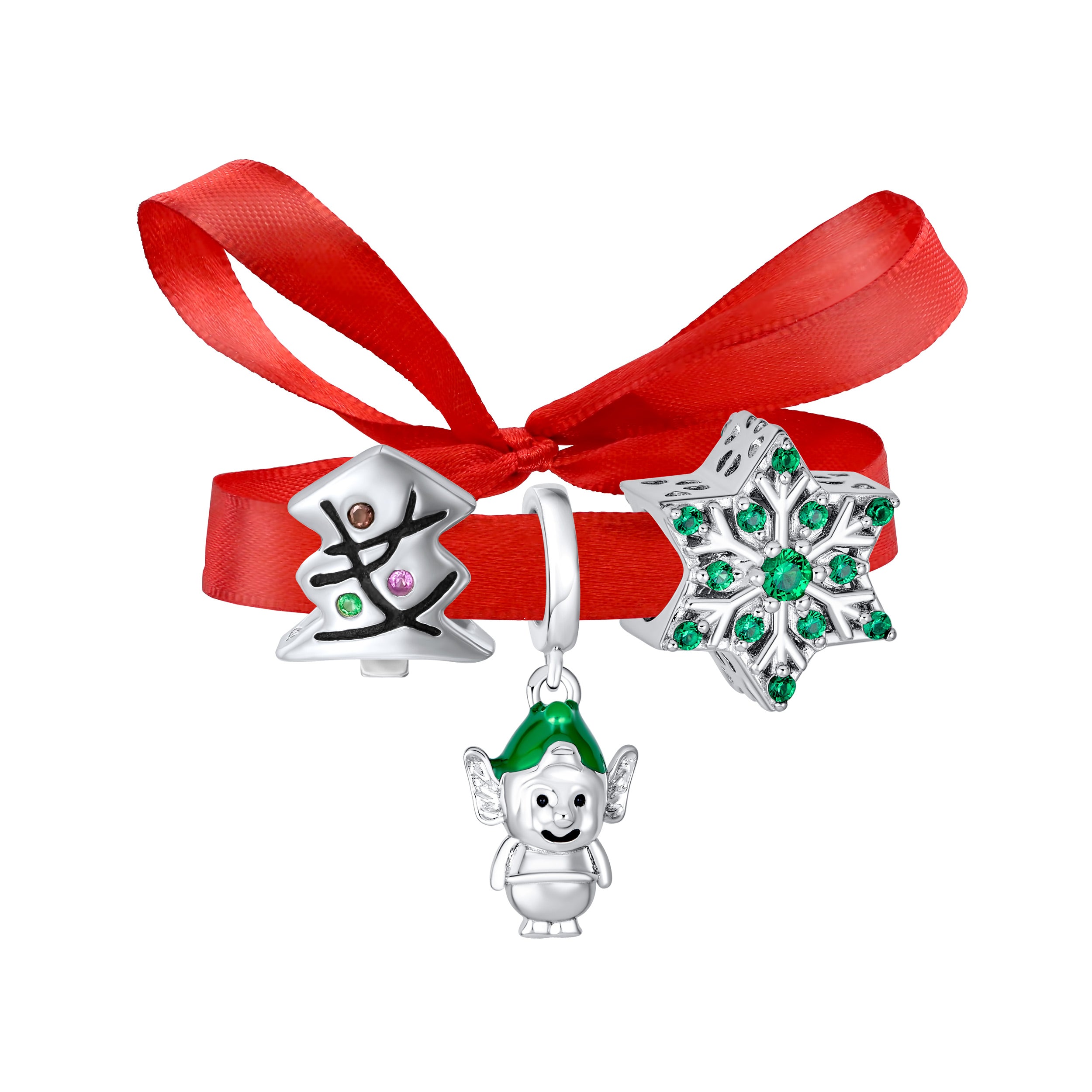 snowflake_elf_charm_bead_set_pbx-df-sb-1155zuset Christmas Charm Bead Green Elf Santa Helper Enamel for European Bracelet - Image 1