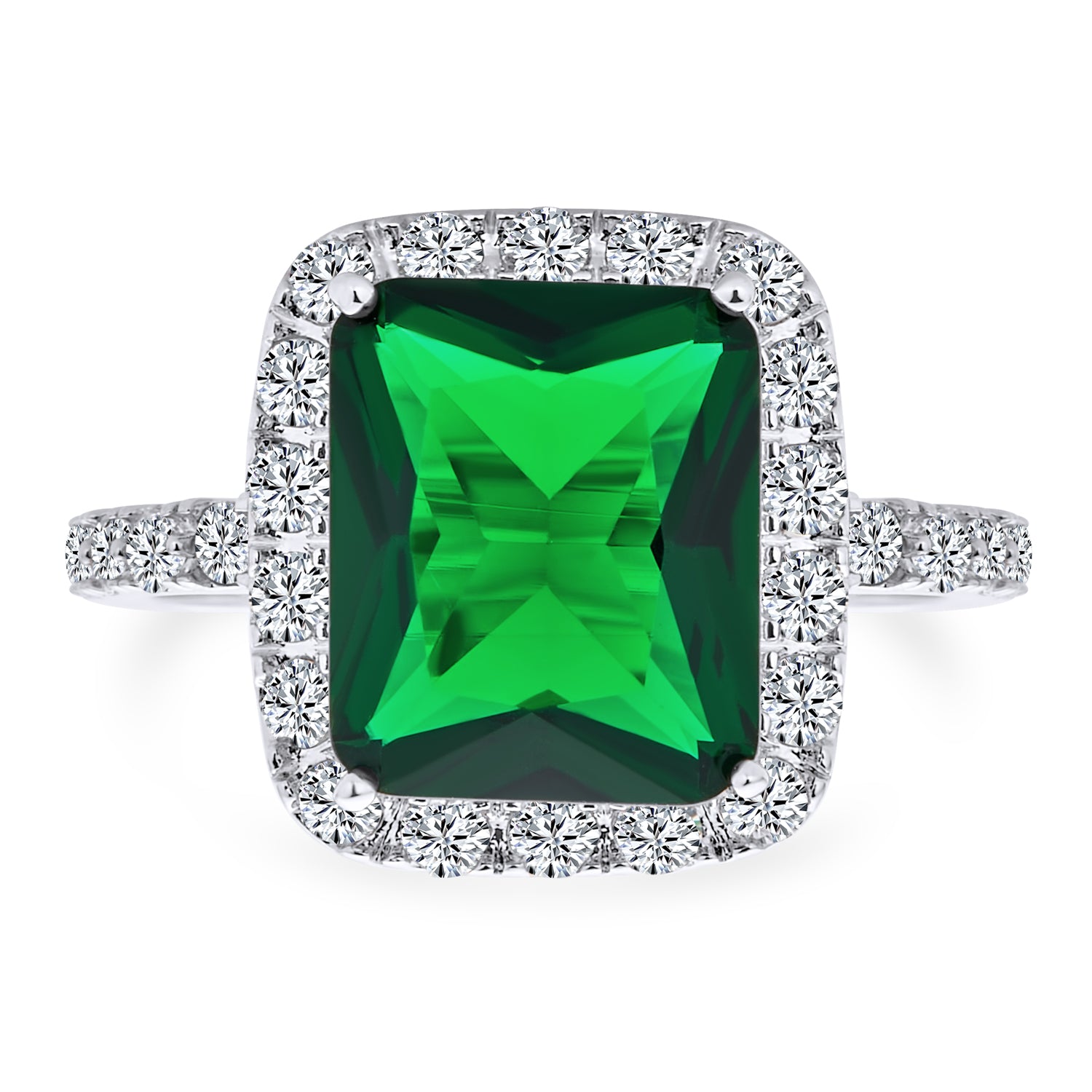 soliltaire-cz-halo-emerald-ring-ag-rz9806em-01 Classic Large Cubic Zirconia 10CT CZ Green Emerald Cut Cocktail Statement Ring - Image 1