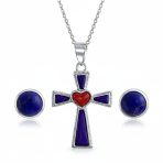 Blue Lapis Heart Cross Necklace & Dome Stud Earrings Jewelry Set Sterling Silver