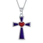 Blue Turquoise & Red Heart Religious Cross Necklace Pendant .925 Sterling Silver - Image 2