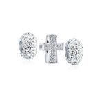 Set of 3 Simple Sparkling CZ Cross & Solid Spacer White Clear Charm Bead Silver