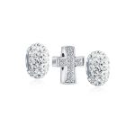 Set of 3 Simple Sparkling CZ Cross & Solid Spacer White Clear Charm Bead Silver