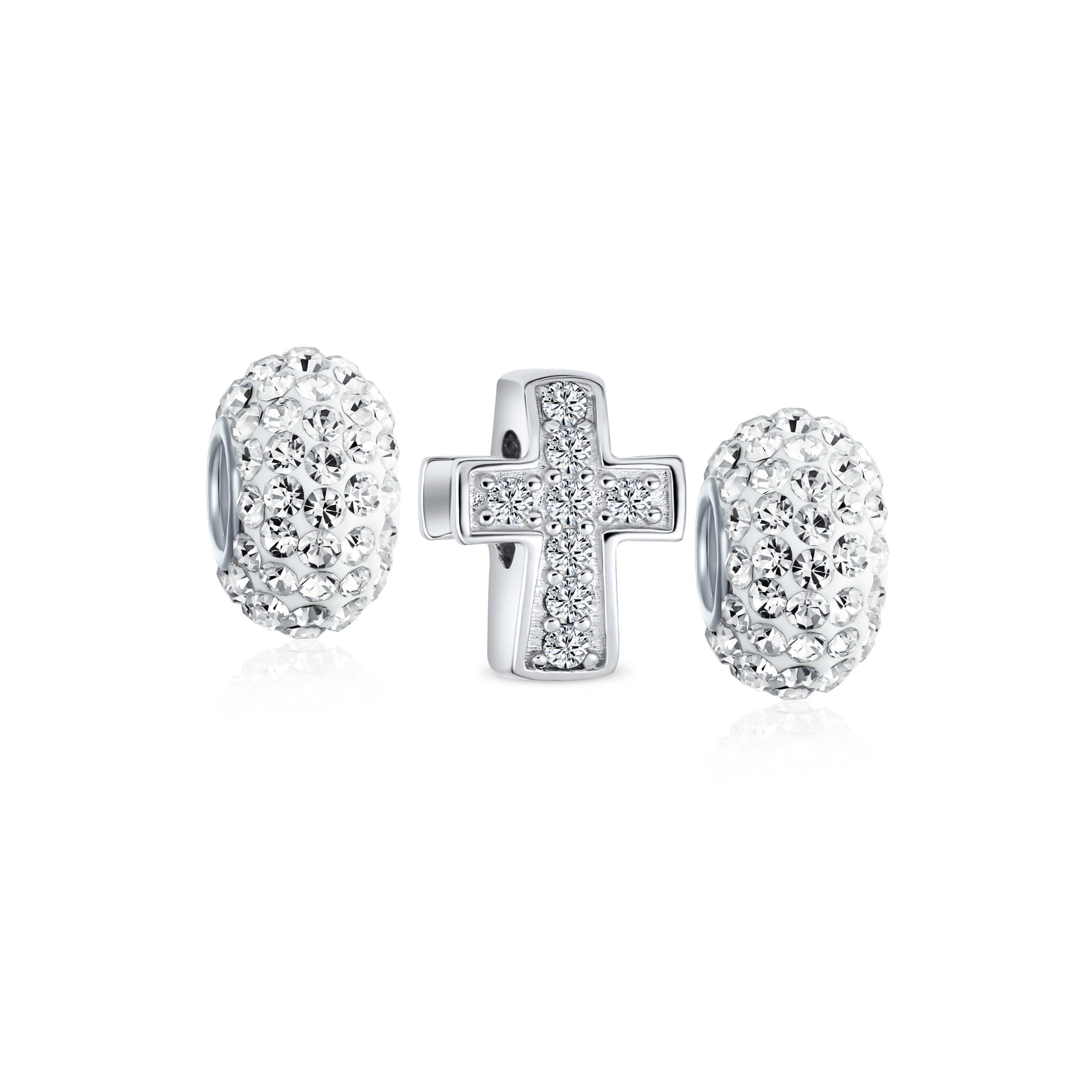sparkling-spiritual-cross-charm-pbx-brma-008-set-az Set of 3 Simple Sparkling CZ Cross & Solid Spacer White Clear Charm Bead Silver - Image 1