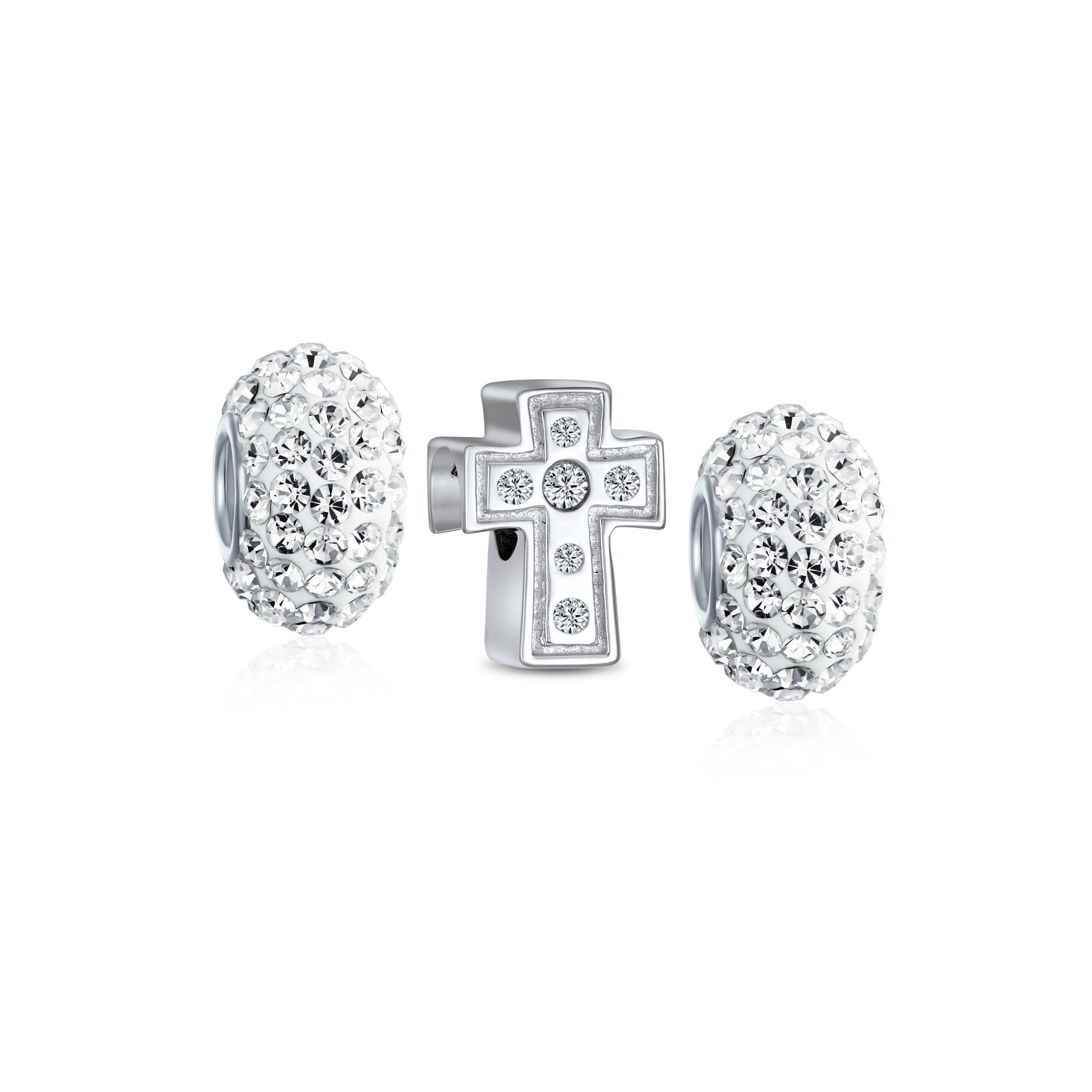 sparkling-spiritual-cross-charm-pbx-hsz-016wh-set-az Set of 3 Sparkling CZ Cross & Spacer White Crystal Charm Bead Sterling Silver - Image 1