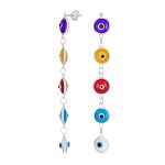 Turkish Spiritual Protection Multi Color Evil Eye Long Dangling Earrings .925 Sterling Silver 2.5"