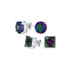 Set of 2 Round & Square Mystic Rainbow CZ Stud Earrings Sterling Silver 10MM