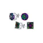 Set of 2 Round & Square Mystic Rainbow CZ Stud Earrings Sterling Silver 10MM