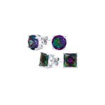 Set of 2 Round & Square Mystic Rainbow CZ Stud Earrings Sterling Silver 10MM - Image 2