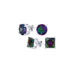 Set of 2 Round & Square Mystic Rainbow CZ Stud Earrings Sterling Silver 10MM - Image 3